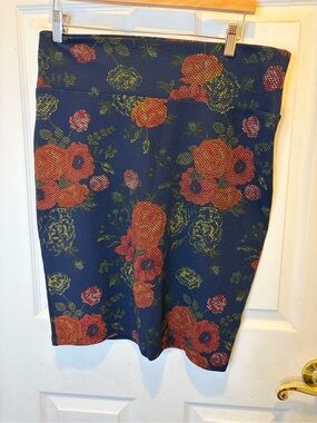 LuLaRoe Navy Blue Midi Skirt with Orange Floral Print